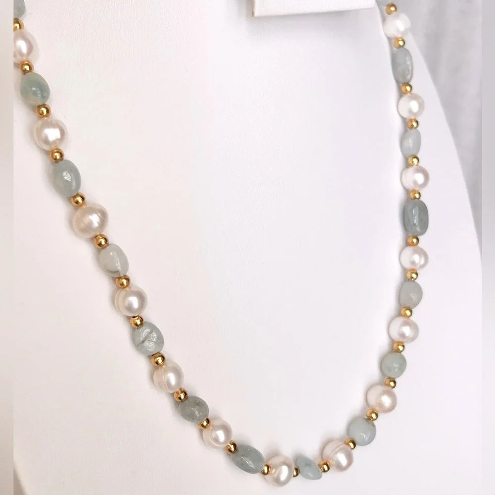 White Freshwater Pearl & Aquamarine Stones 18K GP Necklace & Bracelet Set